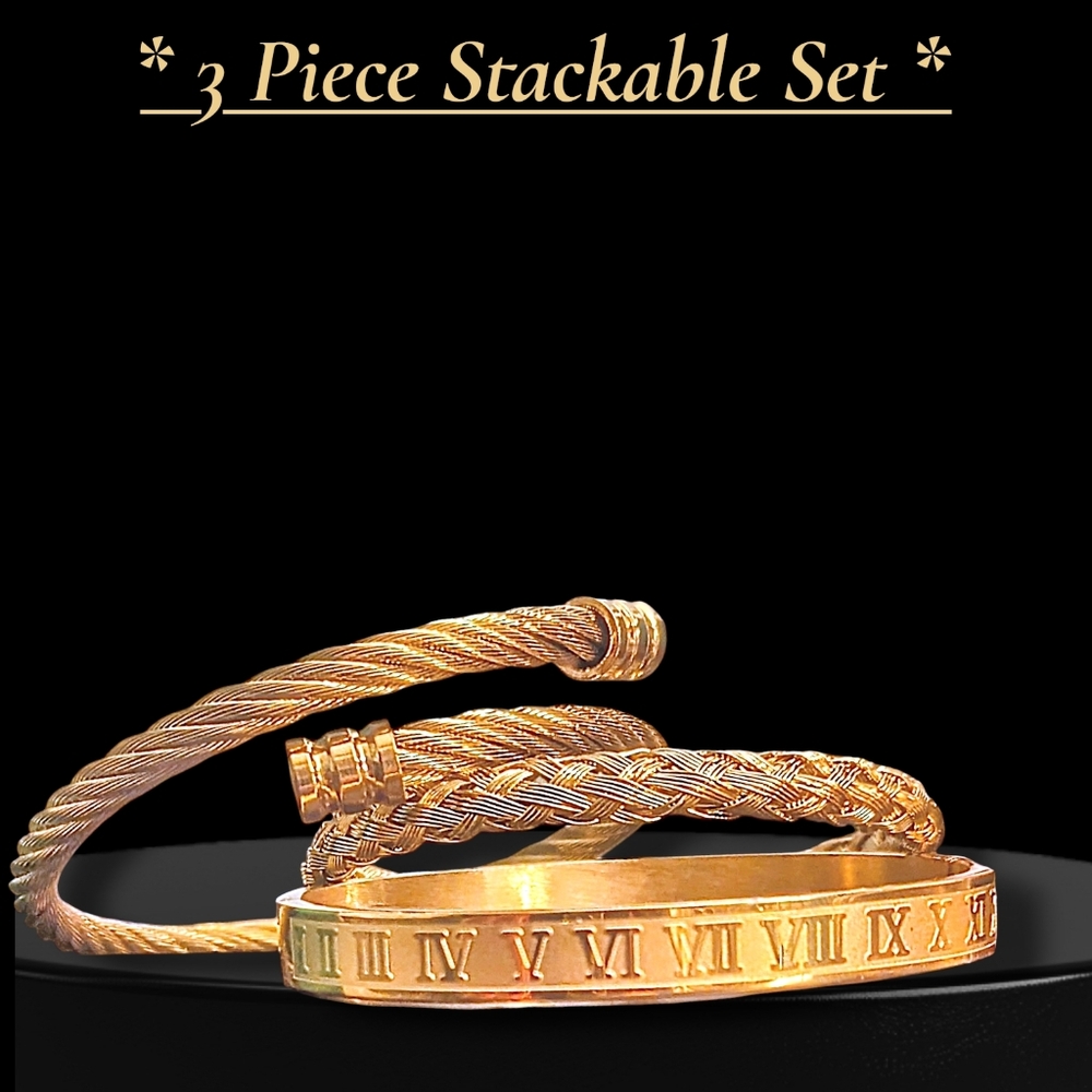 3pc Golden Roman Numeral & Steelh Twist  Bangle Bracelet Set
